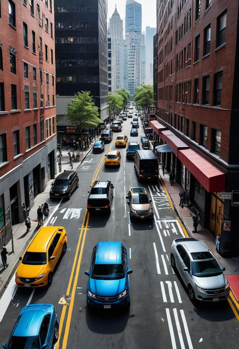 A bustling urban scene depicting a variety of vehicles maneuvering through narrow streets, showcasing parking challenges. Include diverse drivers, each employing unique parking tricks like parallel parking, using technology like parking apps, and creative solutions like double parking in a busy area. The background should have modern skyscrapers, vibrant street art, and pedestrians navigating the sidewalks to emphasize urban life. Make the colors bright and engaging to attract attention. super-realistic. vibrant colors.