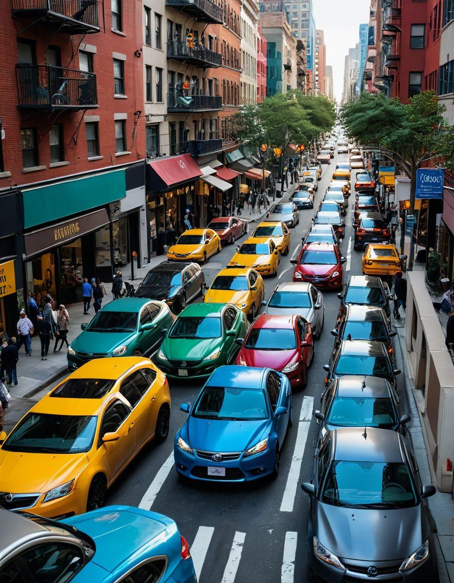 A bustling city street with various cars parked efficiently in challenging spots, showcasing diverse parking techniques. Include street signs and pedestrians to capture urban life, with a focus on a driver confidently maneuvering into a tight space. Bright colors should highlight the excitement of city driving. vibrant colors. dynamic perspective. super-realistic.
