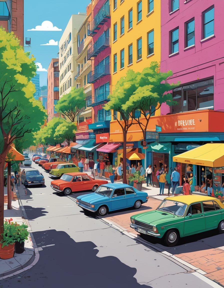 A bustling urban scene showcasing various parking challenges, featuring diverse cars smartly parked in tight spaces and a multi-story car park in the background. Include signage with parking tips and a humorous character struggling to park. The environment should reflect city life, with pedestrians, cafes, and trees lining the streets. Bright and energetic colors to captivate the viewer. urban lifestyle illustration. vibrant colors. comic style.